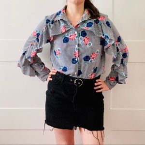 Vintage Striped Floral Blouse with Ruffles